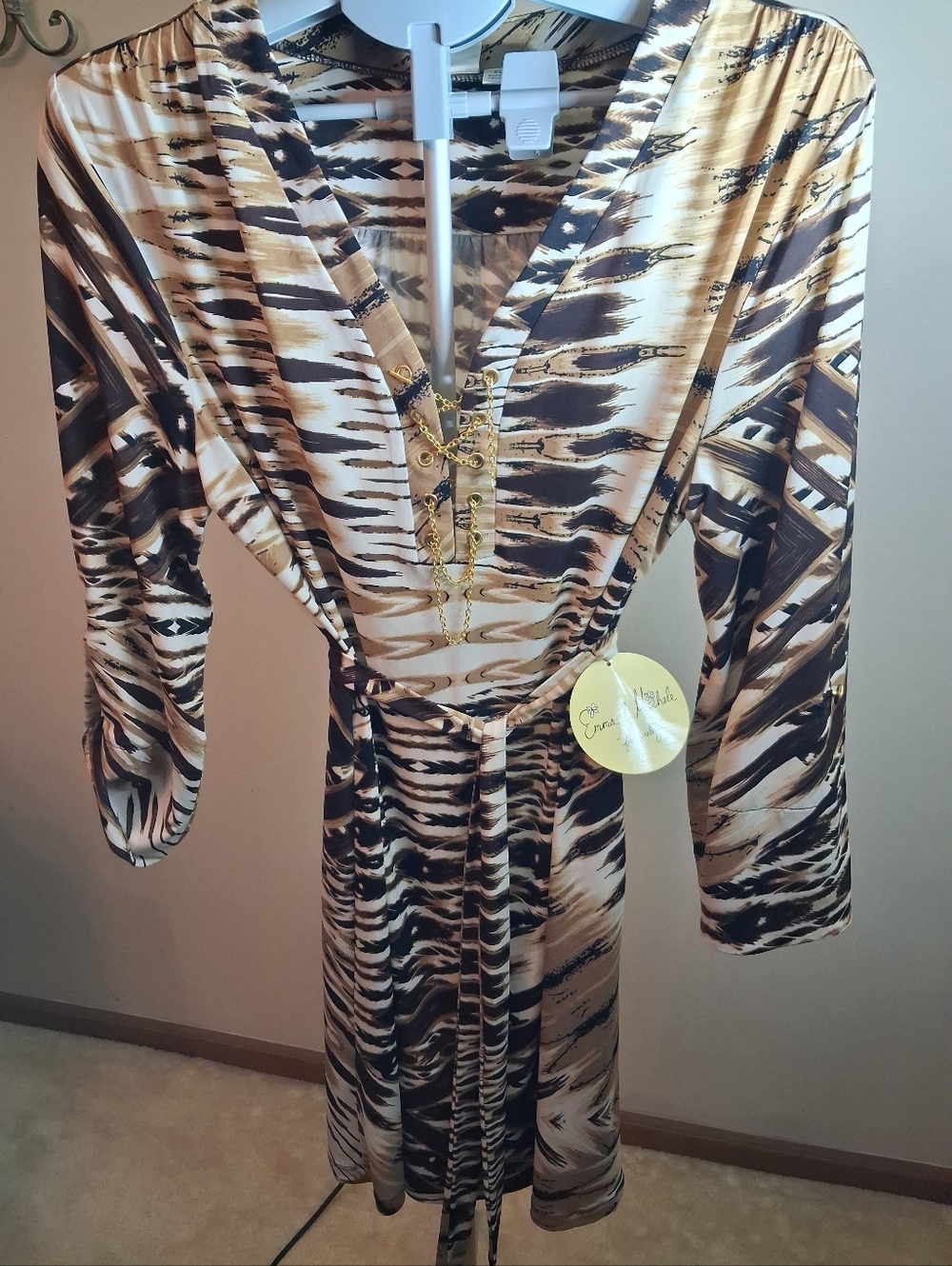 Brown Print Dress With Chain Detail